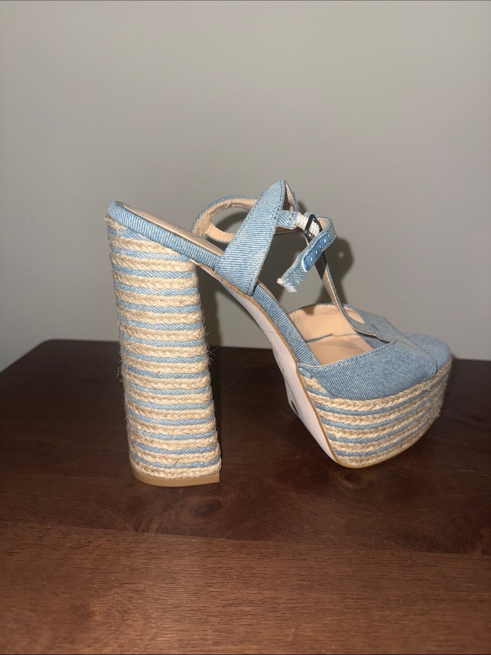 Jessica Simpson Light Blue Denim Platform Sandals with Rope-Wrapped Heel